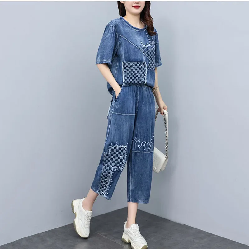 Imagem -04 - Conjunto de Roupas Esportivas de Duas Peças Denim Bordado Feminino Conjunto Solto Casual Moda Feminina Verão 2023