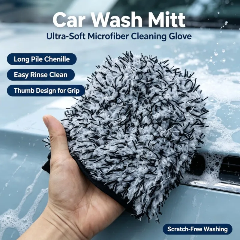 Microfiber Chenille Glove, Long‑Pile Coral Fleece for Car Wheel Rim Detailing Cleaning Work