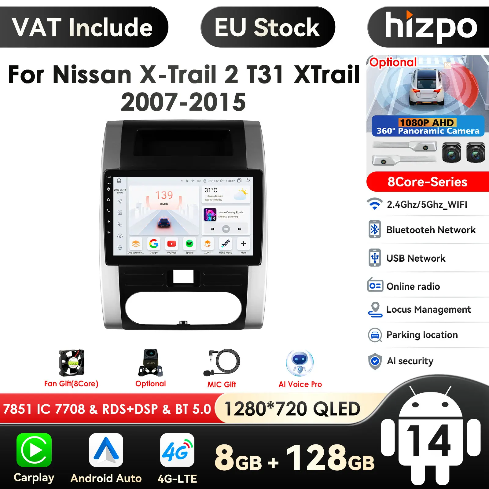 Hizpo-Autoradio Android avec Écran Intelligent, GPS, Carplay, WiFi 4G, Nissan X-Trail T31 X-Trail 10.1-7862, 2007, 2015