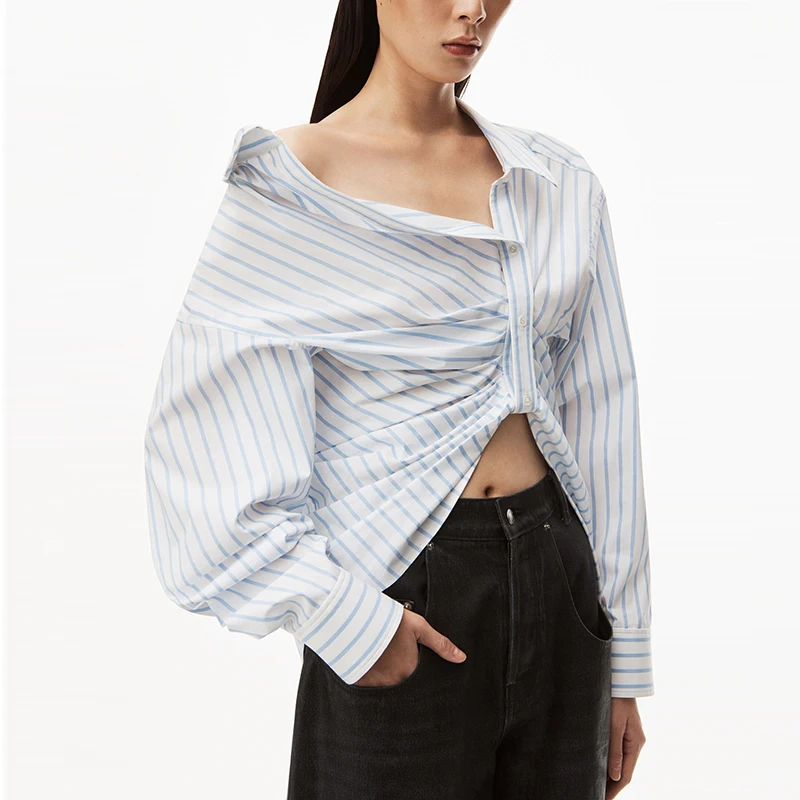 High quality！Women's Stripe Asymmetric Placket Stretch Cotton Button-Up Shirt ASYMMETRIC LONG SLEEVE STRIPED BLOUSE BLOUSE