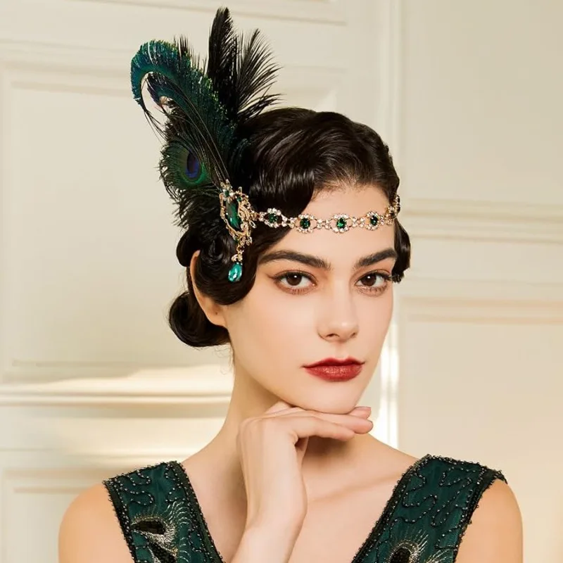 1920s Flapper Peacock Feather Headband Roaring 20s Showgirl Hair band Great Gatsby Hair Accessories 머리띠 резинки для волос 헤어밴드