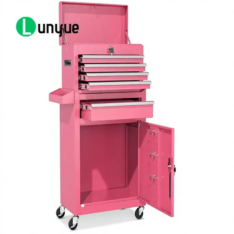 5 Drawer Modern Tool Chest Wheels Storage Lock&Key Enhanced Packaging (11.8x20.3x40.4 Inches) Garage Workshop (Pink)