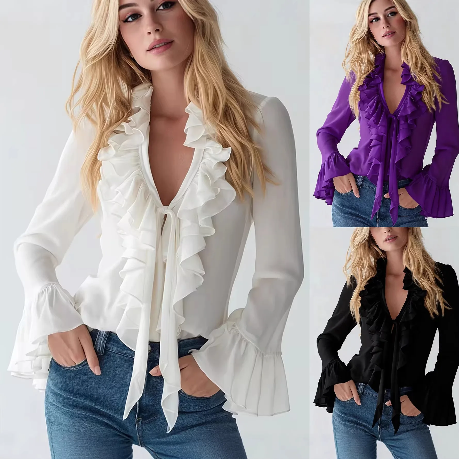 

Chiffon Solid Color Shirts Women Loose Ruffled V Neck Long Sleeve Blouses Tops Female 2026 Autumn New Lady Streetwear Top