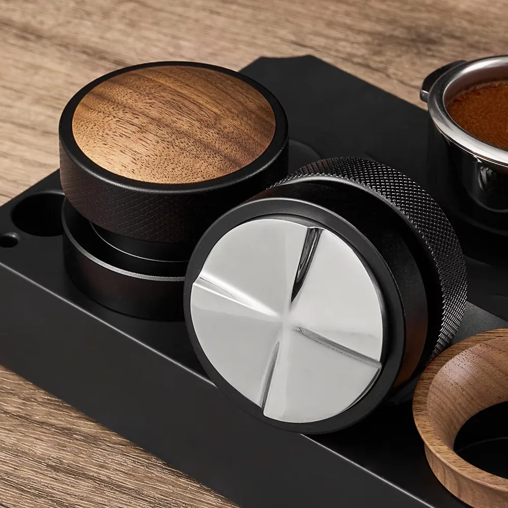 51/53/58.35 MM Self-leveling Coffee Tamper Wood Cap with Scale Gravity Coffee Powder Distributor Adjustable Depth
