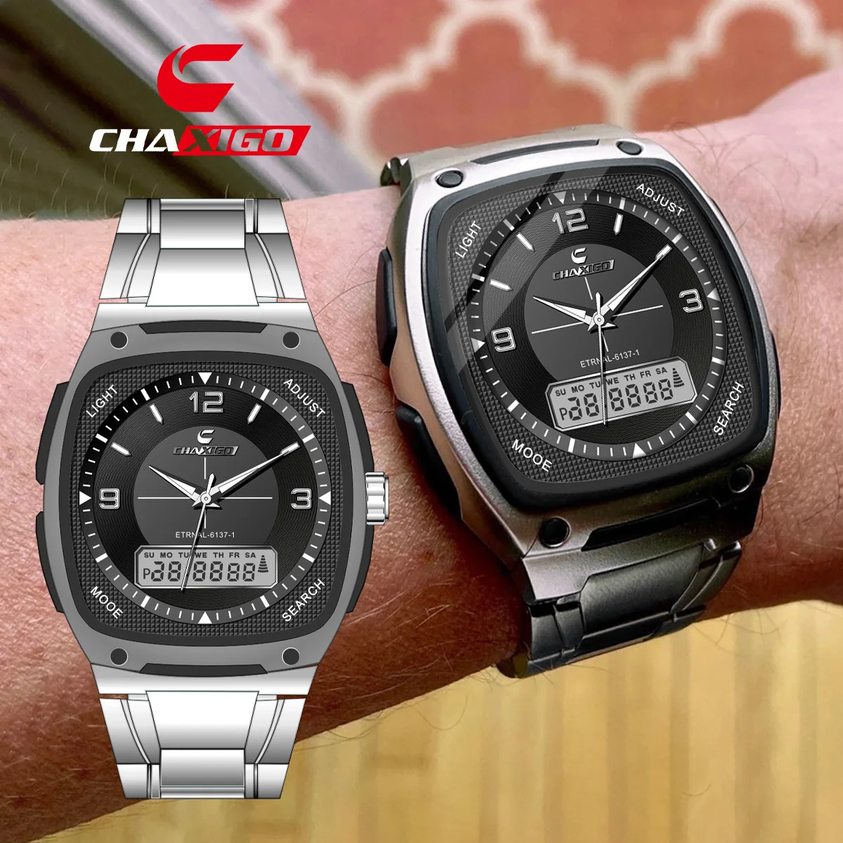 

CHAXIGO 6137, электронные кварцевые мужские часы с двойным дисплеем, водонепроницаемые часы-будильник с календарем для мужчин, Relogios Masculino часы