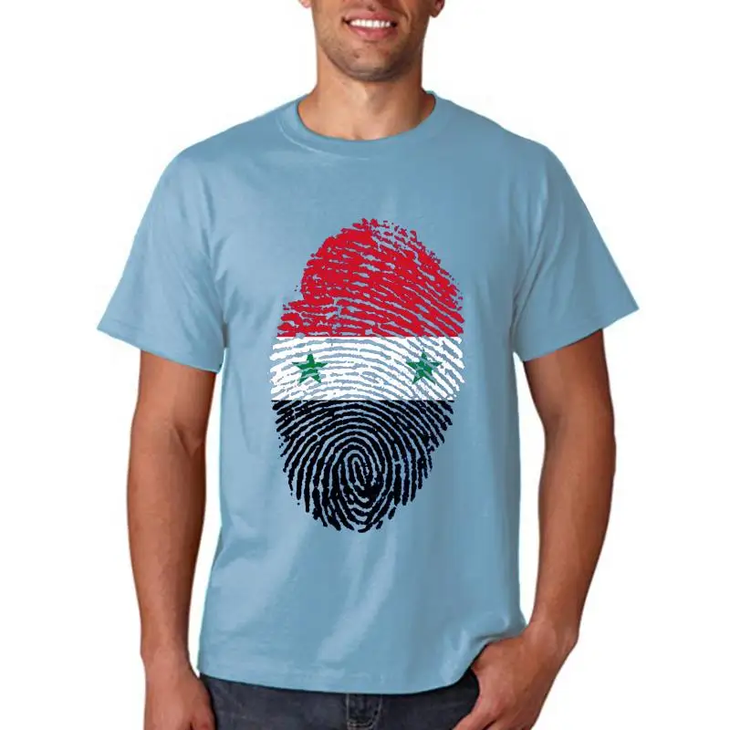 Syria Flag Fingerprint T-Shirt Men's Blue Top Fashion Customized Hand-Painted Clothing Unisex Vintage Style Graphic Tee