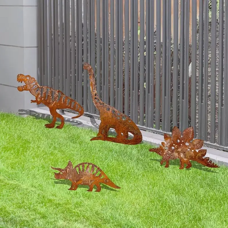 Garden Stake 4pcs Metal Rust Dinosaur Outdoor Decor Ornament Yard Lawn Perfect Gift Enthusiasts Gift