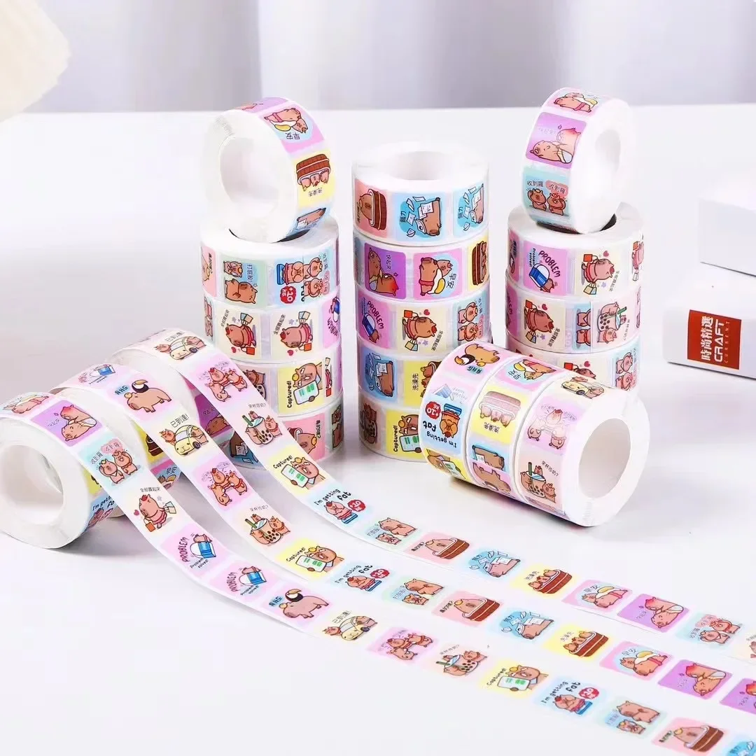 New 1Roll Capybara Sticker for Kids Reward Sticker Cartoon Labels Valentine's Day Happy Smile Face Sticker Label birthday gift