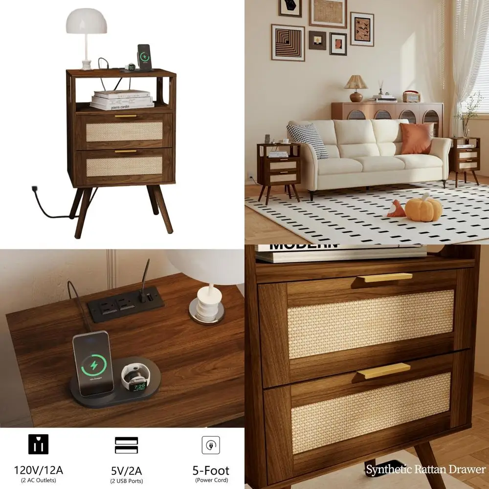 

Walnut Brown Farmhouse Nightstand with Charging Station and Storage Drawers for Bedroom Spaces