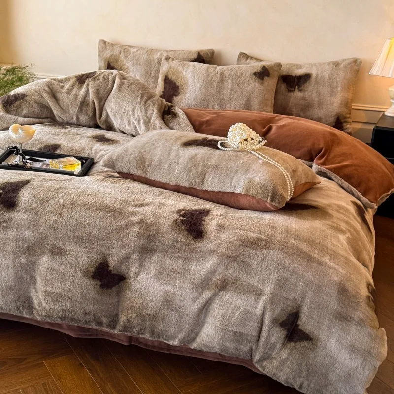 New thickened imitation rabbit hair carved milk fleece four-piece set winter coffee color warm fleece quilt set