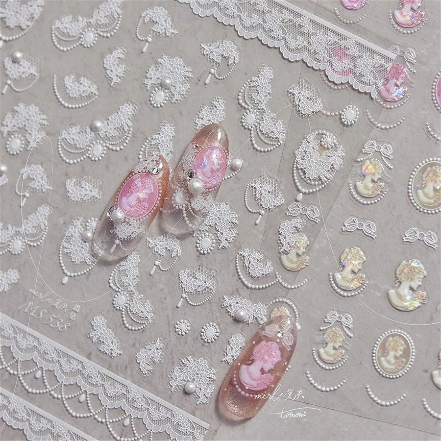 Autocollants de manucure en tissu de fleur de dentelle romantique français, pendentif de perle, Portrait, nœud papillon, impression Textile, autocollants délicats pour Nail Art