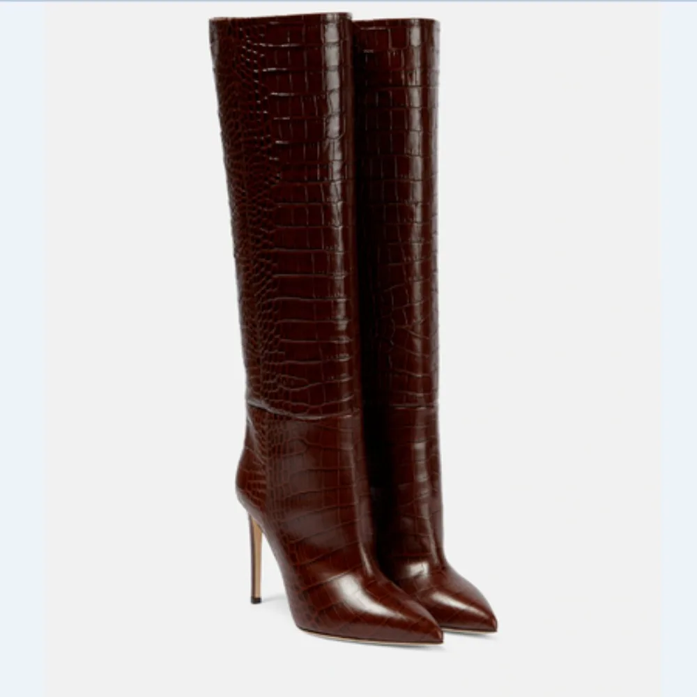 Sexy Women Boots Genuine Leather Pointy Toe Thin Heels Over The Knee Long Boots Big Size 46 Autumn Winter Zip Brown Party Shoes