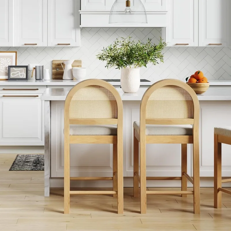 Bailey Upholstered Rattan Bar Stool in Oak Finish Frame, Counter Height Stool with Natural Rattan Woven Back