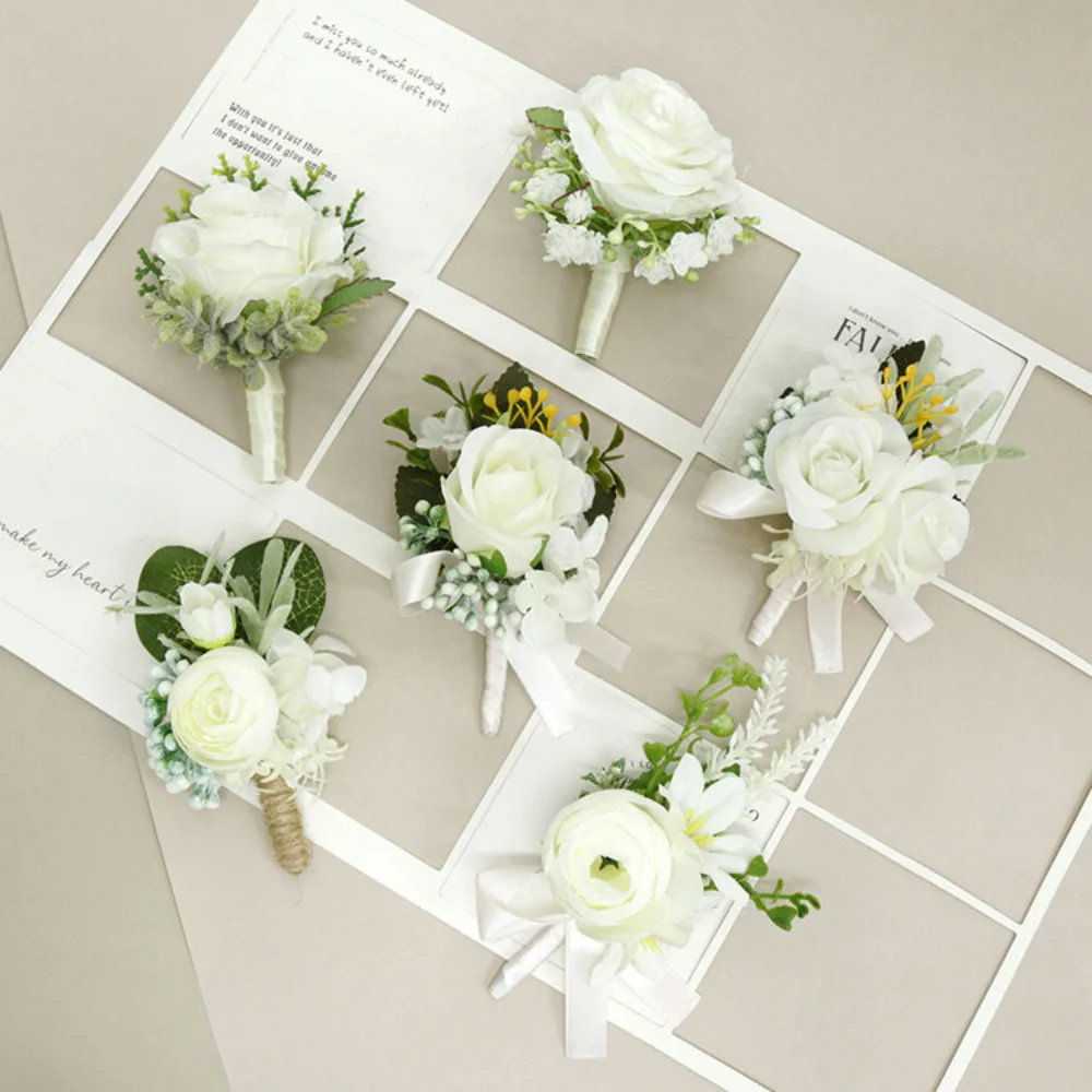 Witte Zijden Roos Bruiloft Boutonnieres Voor Mannen Spelden Kunstbloemen Bruidsmeisje Corsage Pols Bruids Accessoires De Mariage