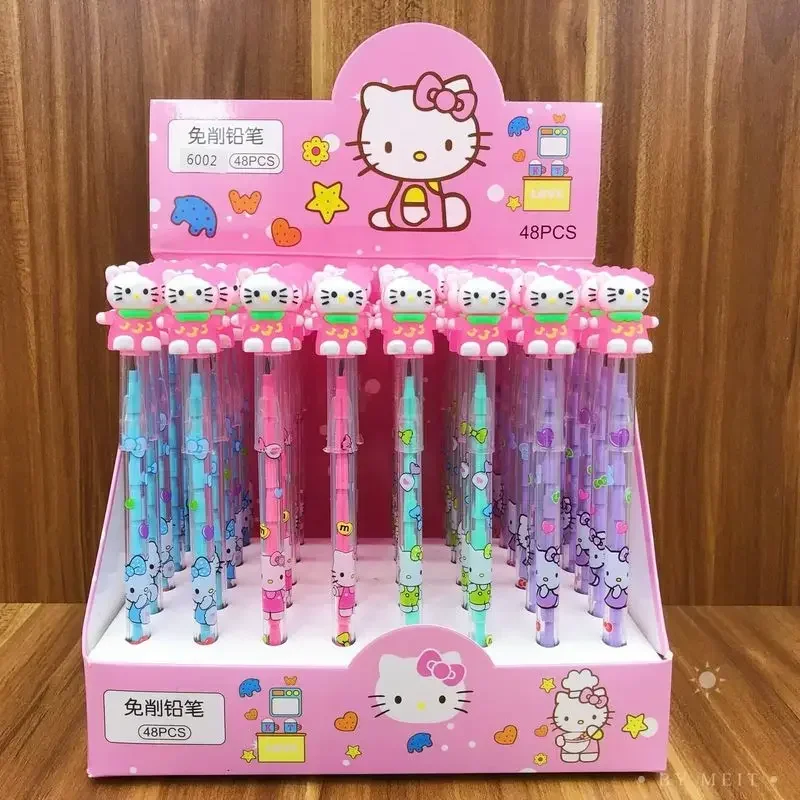 Sanrio 48pcs Bullet Pencil-free Stationery Kawaii Hello Kitty Kuromi Panda Silicone Head Student Learning School Office Supplie