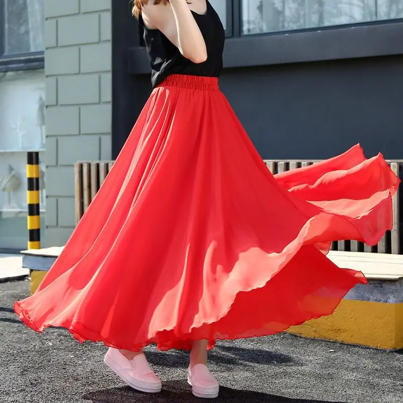

Female Dance Skirt Double Sided Chiffon Pleated Skirts Ladies Square Dancer Skirt Oversized Swing Skirt Harajuku Streetwear Q275