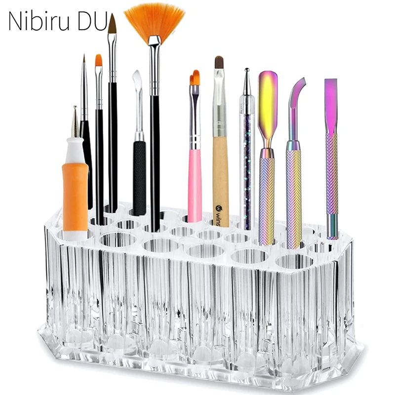 26 Holes Acrylic Nail Brushes Organizer Nail Art Kit Storage Tools Makeup Cosmetics Pen Display Case Holder Holder Showing Shelf