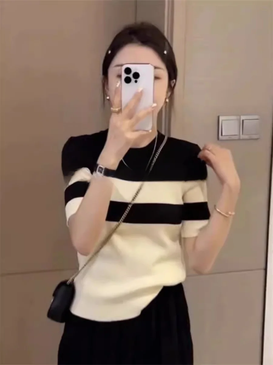 

Rouje Renksy Women's Ice Silk Knitted ort Sve T-irt Striped Regular oulder Summer Inner Wear round Ne Commute Sle