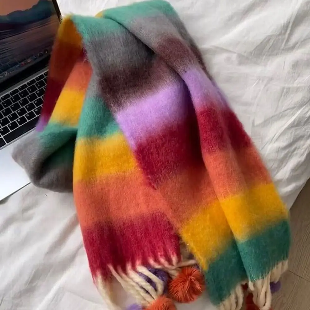 New Rainbow Color Scarf Shawl Long Tassels Colorful Plaid Keep Warm Blanke Autumn Winter Sweet Pashmina Scarves for Women