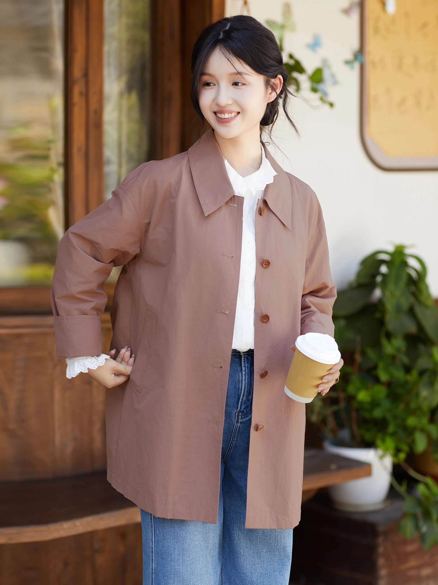 

Double Layered T596 Rose Mist Cotton Blend Coat Casual Commute Sle Long Sve Suit Collar Mid-Length Windbreaker Jaet