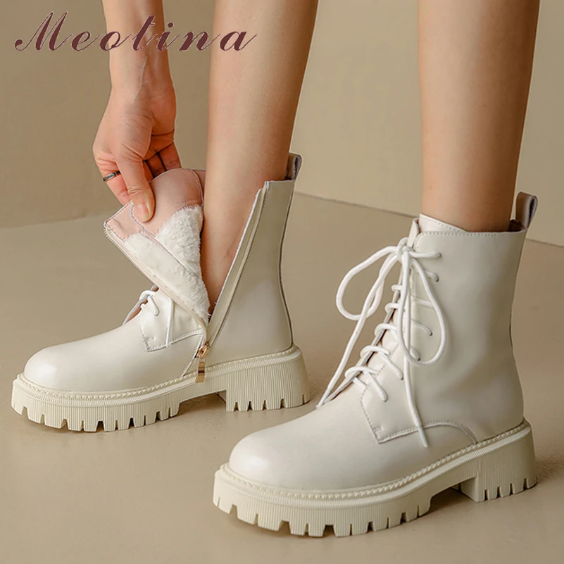 

Meotina Women Genuine Leather Ankle Fur Wool Boots Round Toe Platform Flat Zipper Lace-up Ladies Fashion Short Boot Winter Shoes