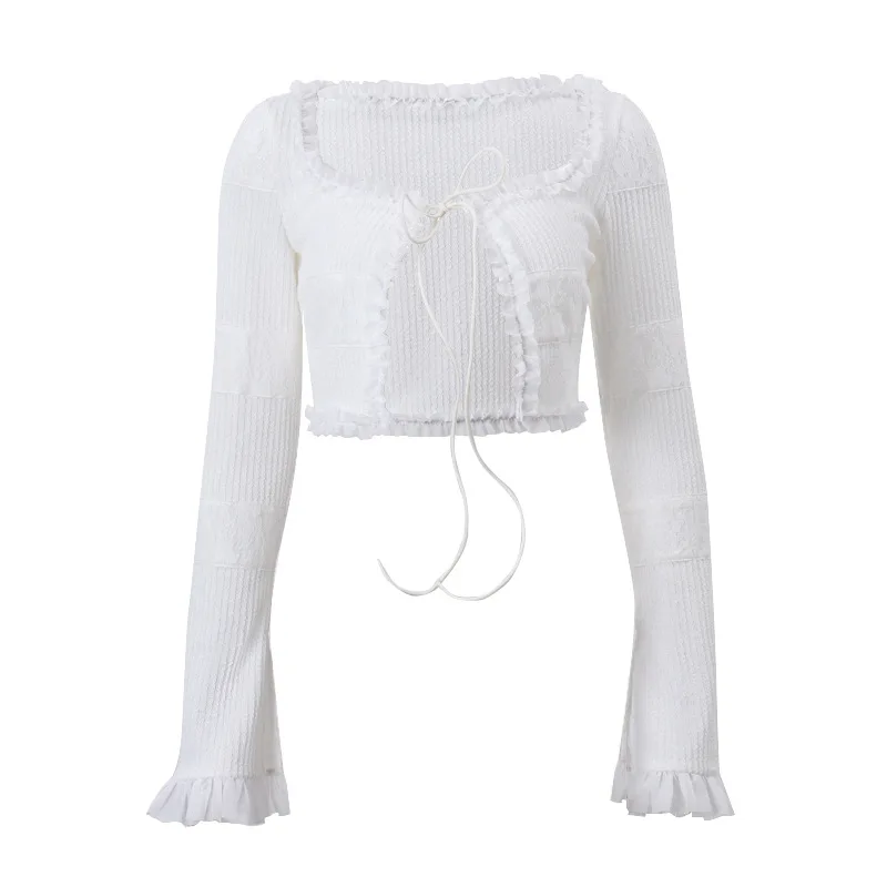 Y2k Knit Splice White 2 Piece Sets Women Outfit Sexy Long Sleeve Tops and Mini Tiered Skirts Suits 2024 Summer Nightclub Wear