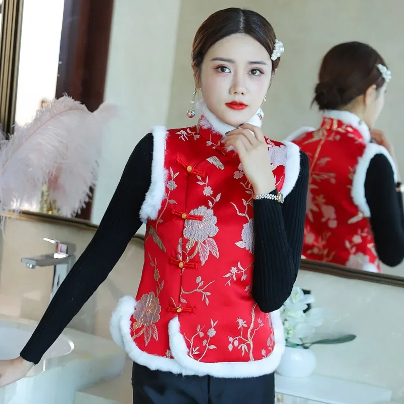 New Year Chinese Style Qipao Tang Suit Thicken Velvet Vest Traditional Sleeveless Cheongsam Top Short Parkas Coat Womens 12139