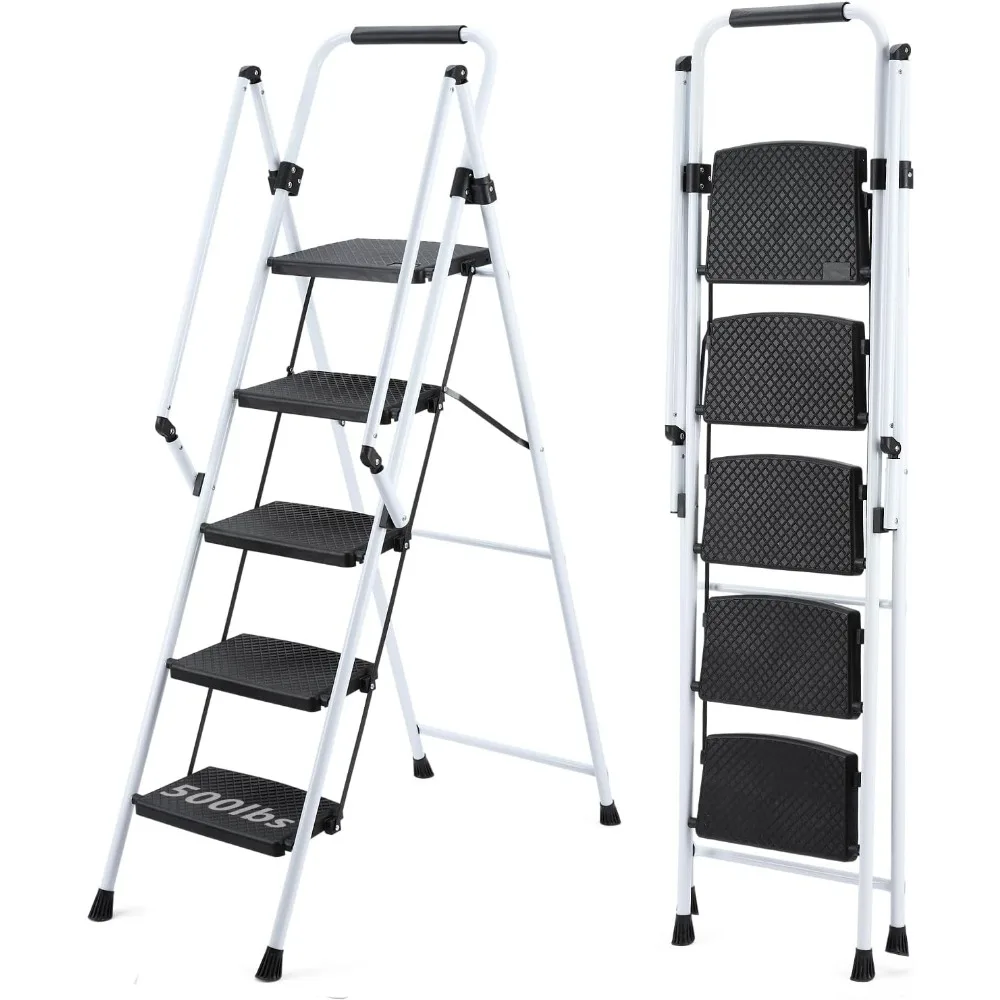 سلم ذو 5 درجات، مقعد قابل للطي بـ 5 خطوات مع درابزين، سلم فولاذي قوي بدواسة واسعة، سلم متدرج بسعة 300 رطل للمنزل #1