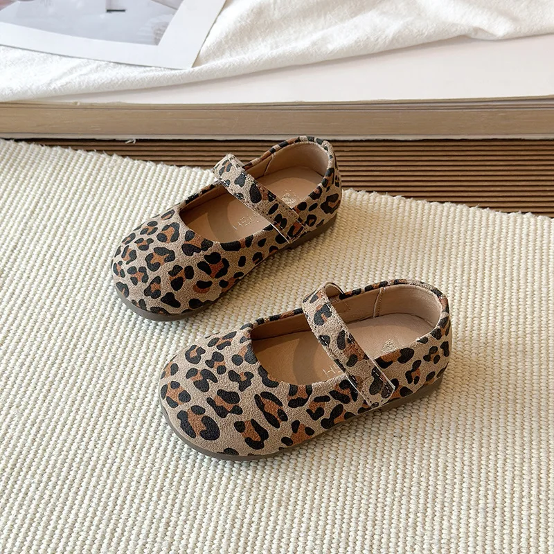 Girls' PU Leather Shoes Spring Autumn New Leopard Print Casual Loafer Shoes Kids Baby Soft-soled  Loafer Shoes