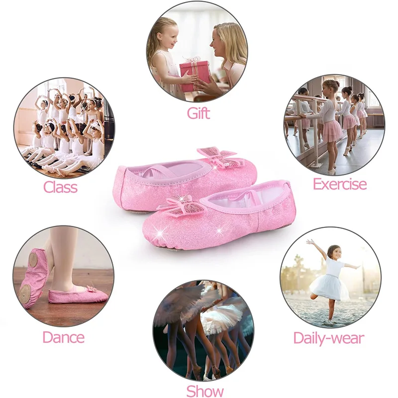 الفتيات بريق الشقق الباليه الرقص أحذية من الجلد للفتيات الجمباز الرقص ممارسة سبليت وحيد لا التعادل مع القوس سباركلي