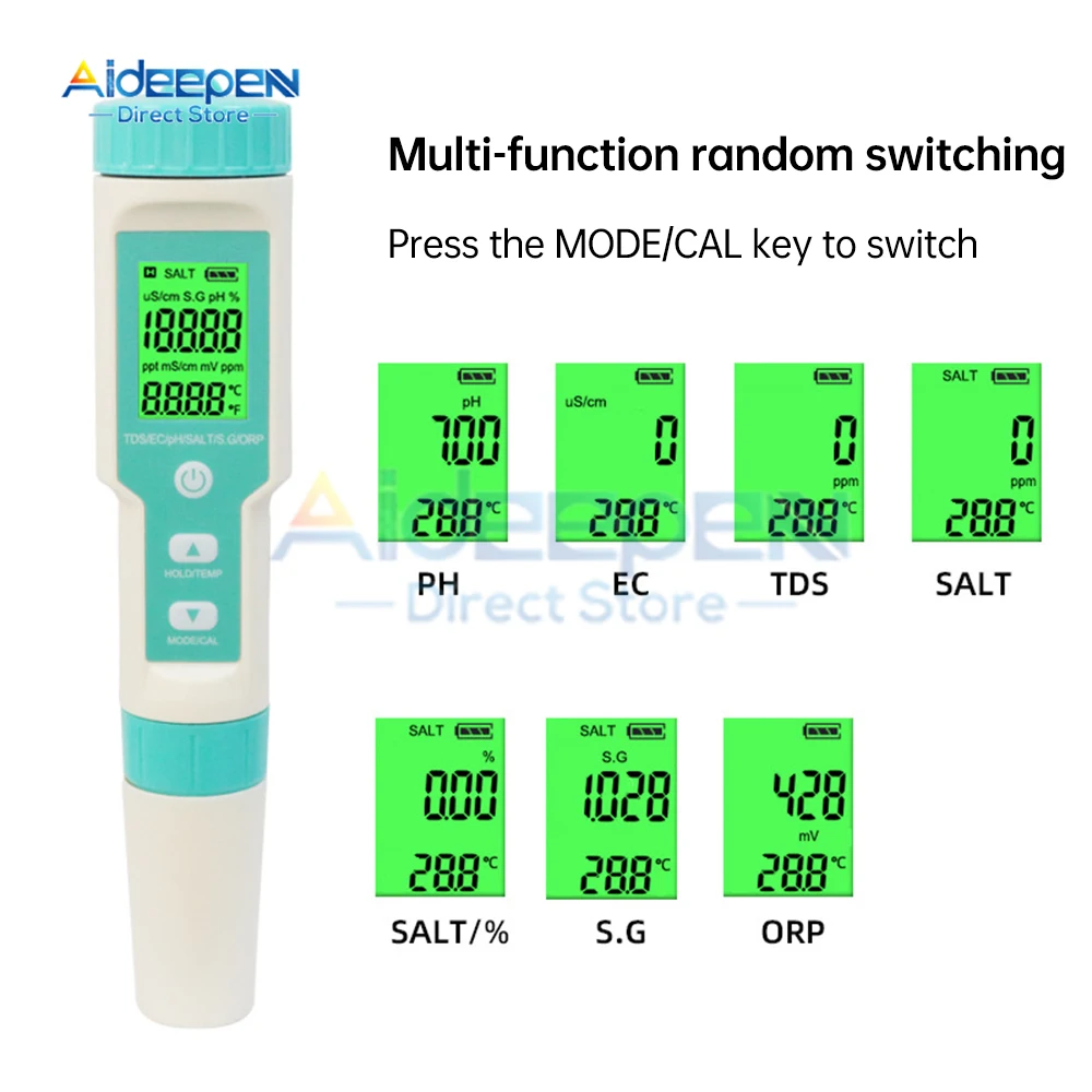 Multifunctional PH Meter Waterproof Water Quality Tester TDS/PH/EC/SALT/S.G/ORP/TEMP Test Pen with backlight for Aquarium Pool