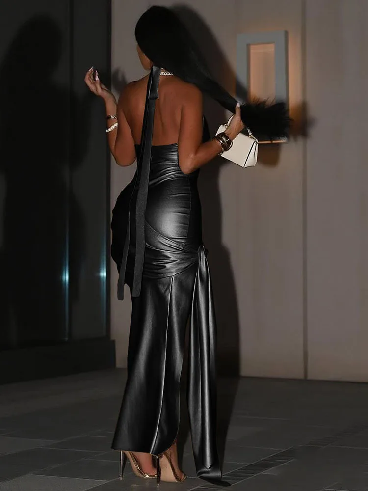 Whatiwear Seidiges, elegantes Maxikleid für Damen, Neckholder, niedriger Ausschnitt, rückenfrei, geraffte Knoten, Splits am Saum, Mitternachts-Abschlussball, Party, Hipster-Vestidos