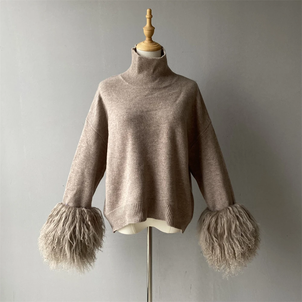 

Jaxmonoy Women's 100% Wool Sweater Fall New Arrival Real Mongolian Sheep Fur Cuffs Kintted Tops Turtlereck Pullover Fashion Warm