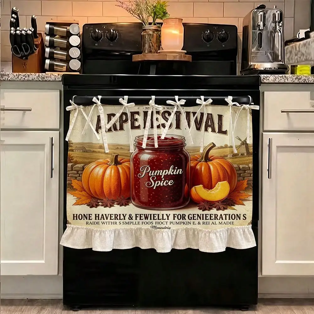 2D Pumpkin Spice Harvest Festival Pattern, Multi-Functional Decorative Curtain, Kitchen Valance, Oven Cover, Washing, Dishwasher, Bathroom Window Treatment, And Kitchen Decor, Halloween Kitchen Apron