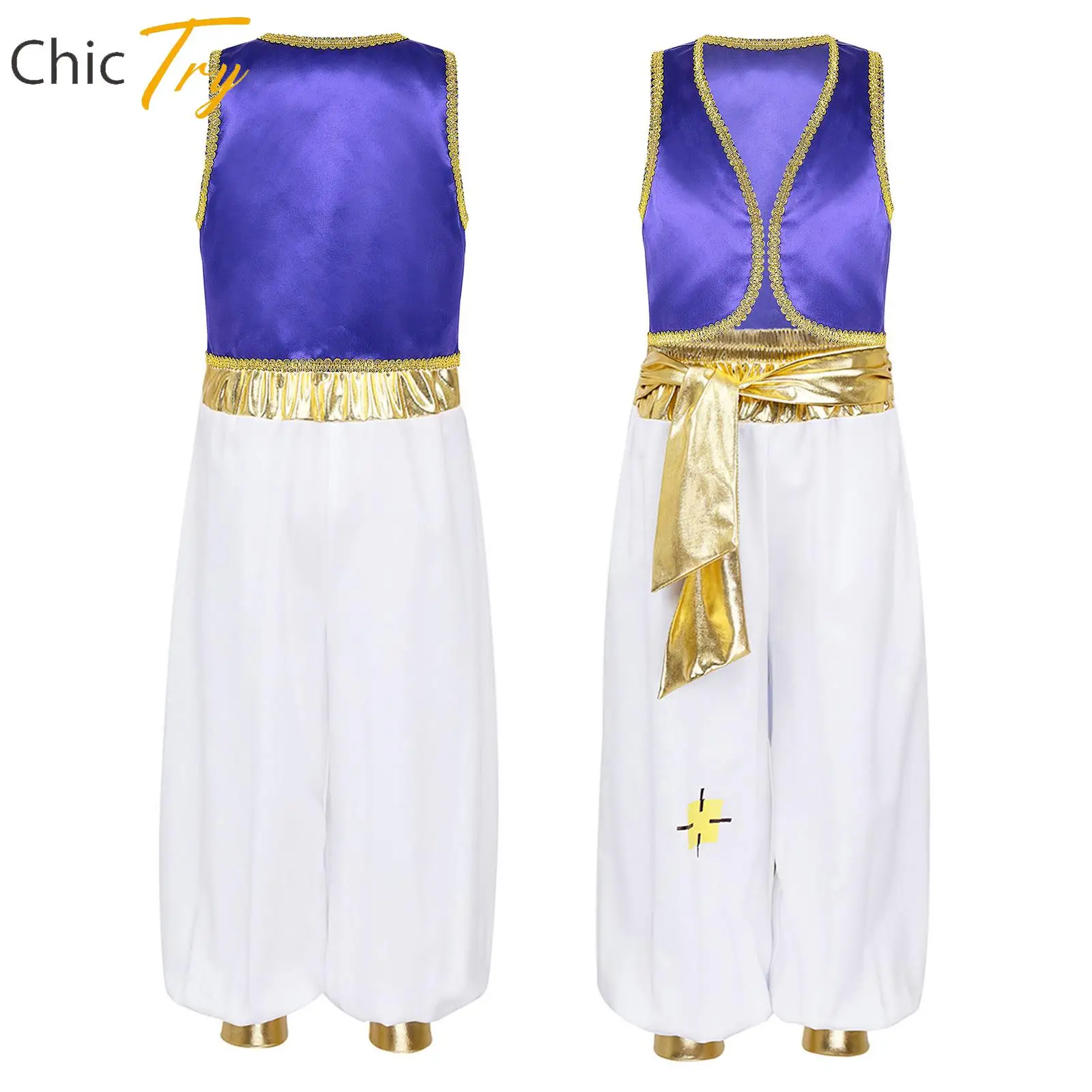 

Kids Halloween Arabian Prince Role-playing Costume for Boys Dress Up Performance Cosplay Sleeveless Vest Waistcoat with Pant