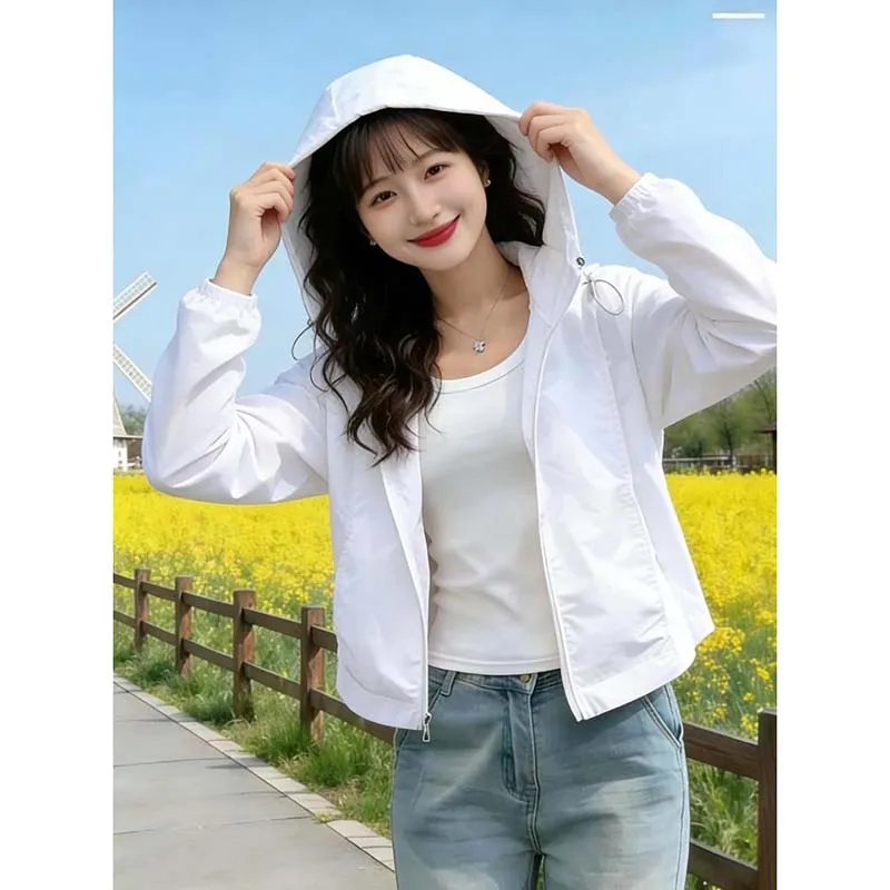Korean Hooded Sun Protection Clothing Coat Female Summer New Sunscreens Jacket Gentle Wind Casual Overwear Short Ladies Outcoat