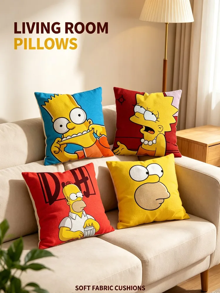 The Simpsons Cartoon Peach Skin Throw Pillow Covers, Funny Bart Lisa Homer Square Cushion Cases, Classic Anime Print Decorative