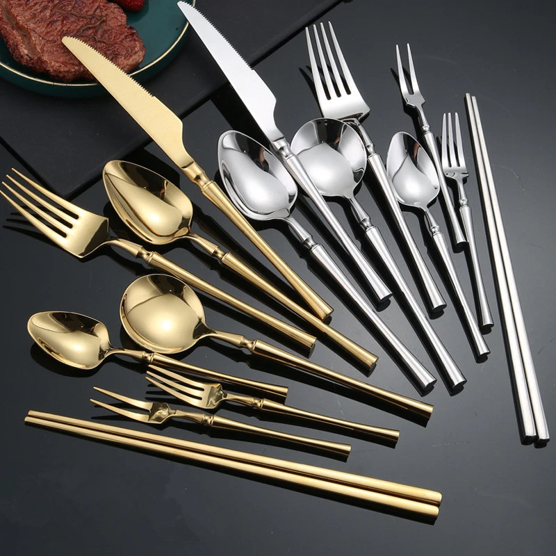 Golden Western Cutlery Set 304 Stainless Steel Mirror Spoon Steak Knife Fork Chopsticks Dinnerware Kitchen Tableware Utensil