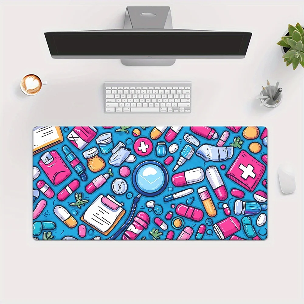 Medical Cartoon Pills Syringes Desk Mat Vibrant Non-Slip Rubber Mouse Pad For Healthcare Workers Office
