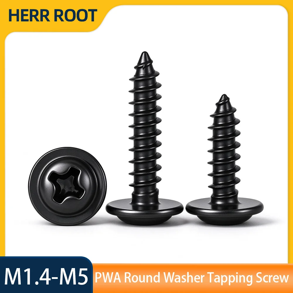 50/100/200/300/400pcs Black Carbon Steel Phillips Truss Head Screw M1.4M1.7M2M2.3M2.6M3M3.5M4M5 Pan Head with Washer Screw