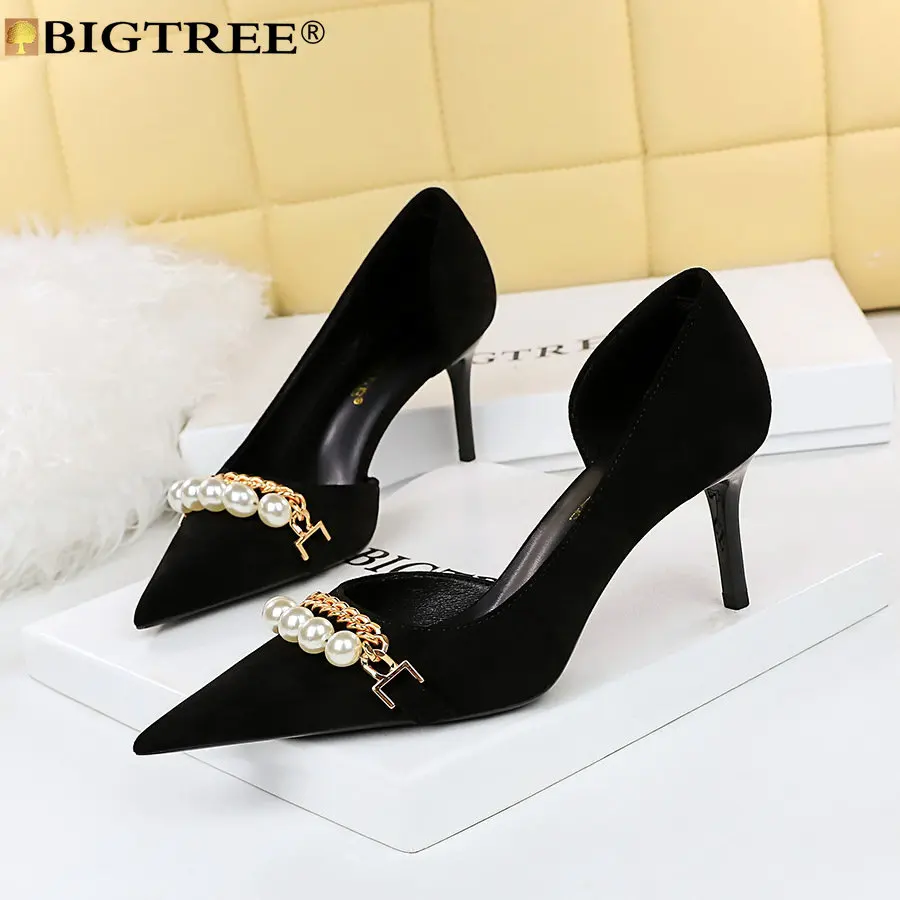 

BIGTREE Pumps Women Fashion Brand New Sexy String Bead Pointed Toe Flock 7CM Thin Heels sexy Lady Party Women Shoes black