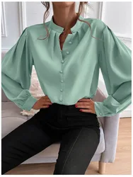 Casual Women Blouse Autumn Winter New Fashion V Neck Long Sleeve Solid Print Top Shirt Elegant Holiday Womens Tops And Blouses