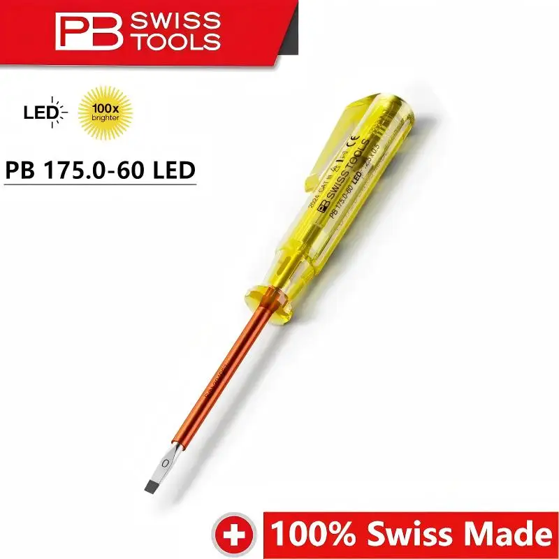 PB Swiss Tools 175.0-60LED New Voltage Tester - Electrician's Pro Tool, LED, with Flathead Screwdriver for Home/Work