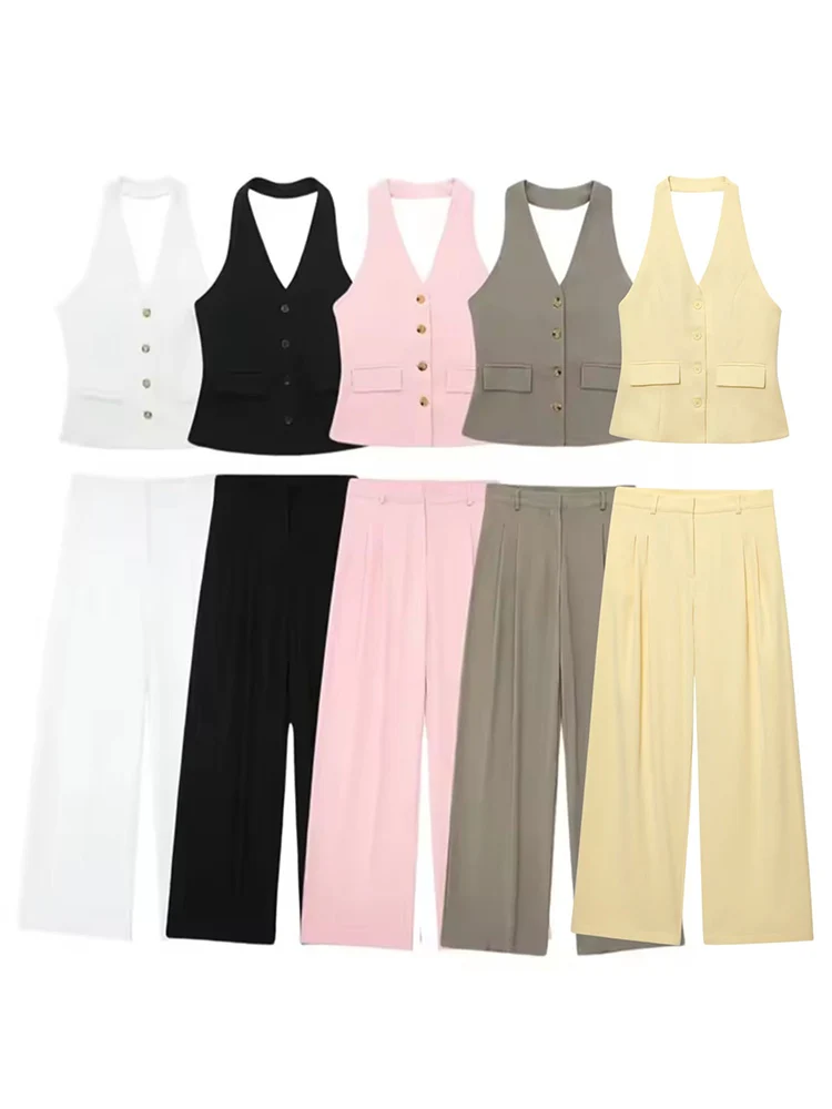 

HH 2024 Women Fashion Solid Vest Pant Suit Pocket Sleeveless Halter Vest Top+High Waist Zipper Wide Leg Pant Office Lady Set