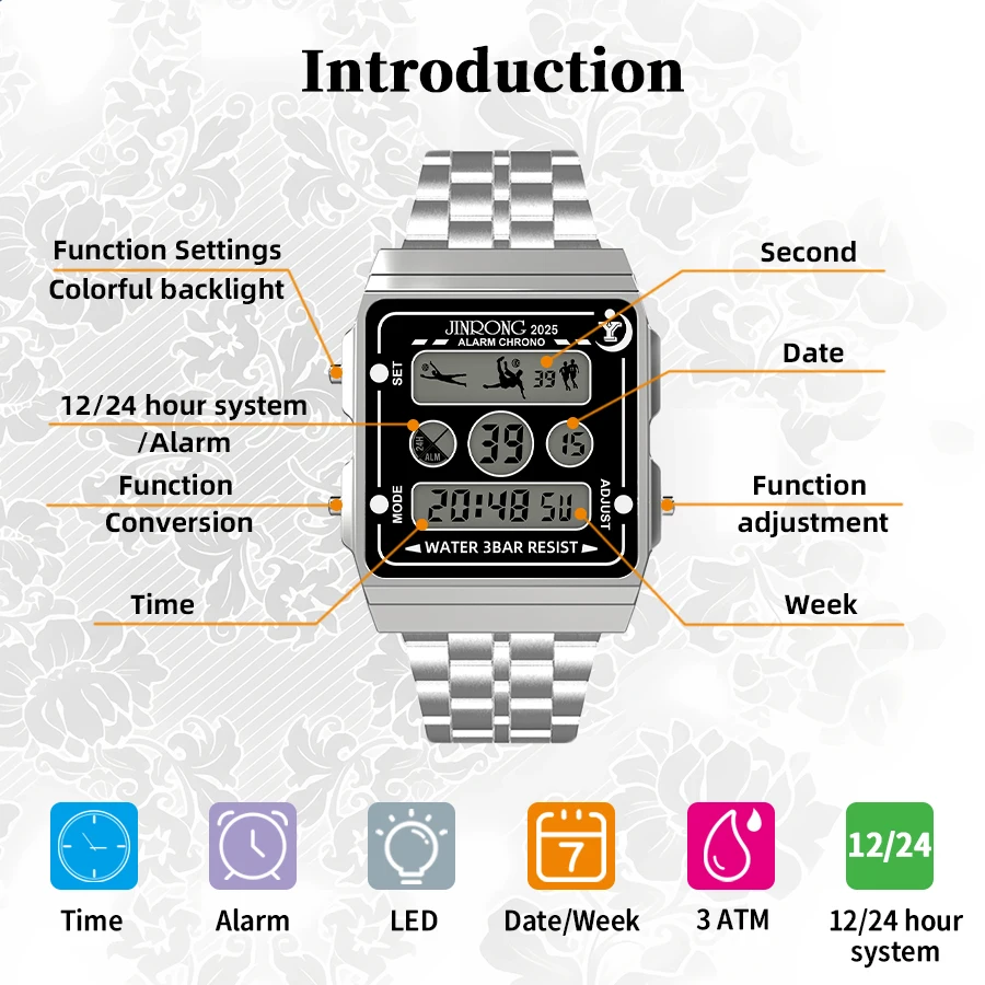ساعة رياضية إلكترونية متعددة الوظائف من الفولاذ المقاوم للصدأ للرجال، مقاومة للماء حتى 30 مترًا، إضاءة ليلية LED ملونة، كرونوغراف