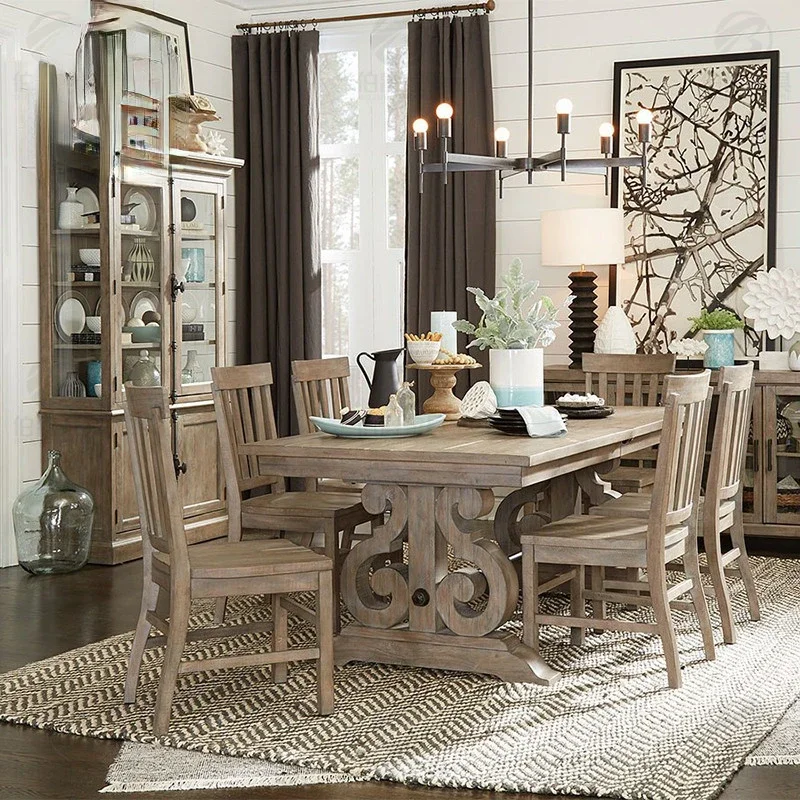 American-Style Solid Wood Dining Table Country Villa Light Luxury Dining Table Rectangular