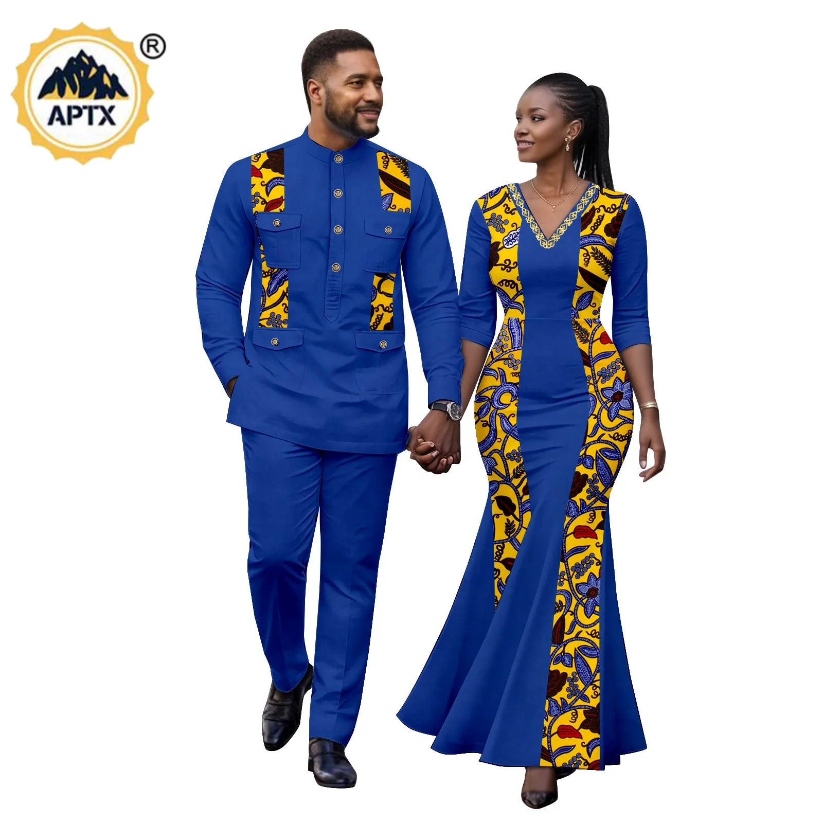 

African Print V-neck Mermaid Dresses for Women Matching Couple Outfits Dashiki Men Top Shirt and Pant Sets Wedding Party 26C014