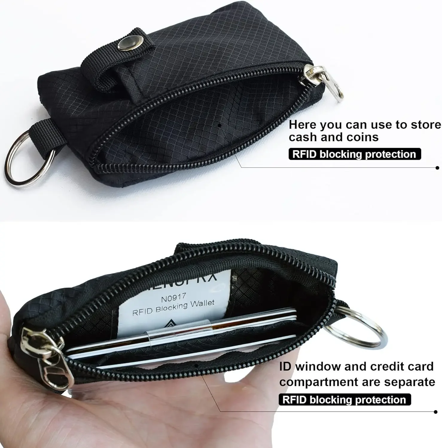 Card Bag Small Wallet with ID Window Waterproof Zipper Case Bag with Lanyard Keychain Card Cash Coin Wallet Multi Tool