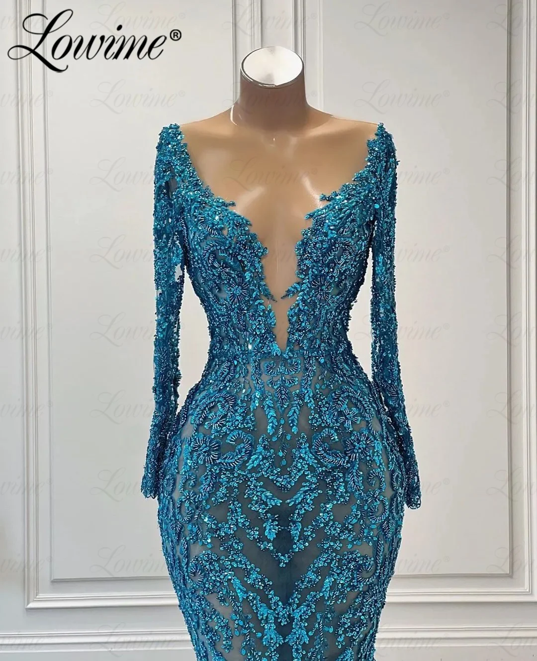 2023 Arabic Long Sleeves Party Dresses Beaded Pattern Fabric Sequins Mermaid Formal Evening Gowns Women Prom Dress Deep V Neck