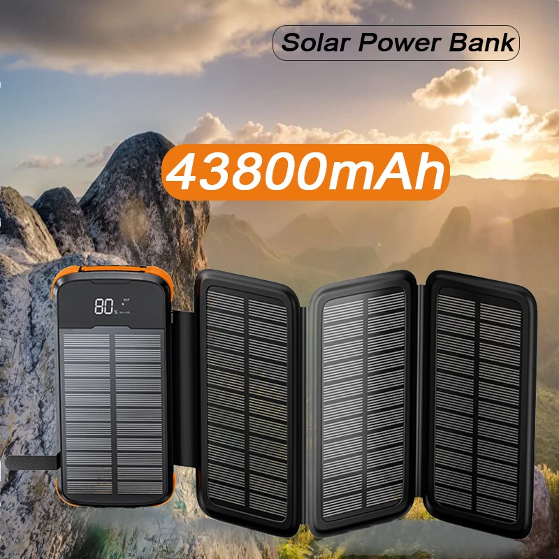 

Solar Power Bank 43800mAh PD20W Fast Wireless Charging Spare Battery Charger Powerbank for iphone 15 14 Xiaomi folding Poverbank